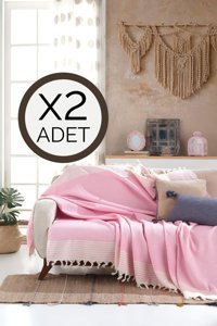 Lux Touch Bergama Pamuklu Püsküllü Süngersiz Geometrik Desenli Pembe İkili Koltuk Örtüsü 180x200 cm
