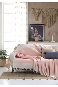 Lux Touch Bergama Pamuklu Püsküllü Süngersiz Geometrik Desenli Somon Tekli Koltuk Örtüsü 170x200 cm