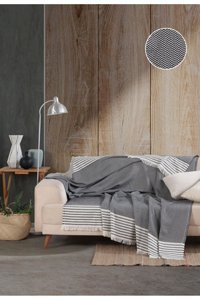 Denia Home Textile Line Pamuklu Kanvas Saçaklı Süngersiz Armürlü Siyah Üçlü Koltuk Örtüsü 170x200 cm