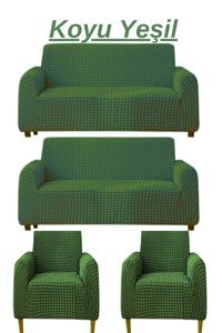Uytm Polyester Bürümcük-Likralı Süngerli Çizgili Giydirmeli Yeşil Dörtlü Koltuk Örtüsü 180x230 cm
