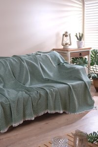 Cotonila Yorky Pamuklu Kanvas Saçaklı Süngersiz Armürlü Yeşil Üçlü Koltuk Örtüsü 170x210 cm