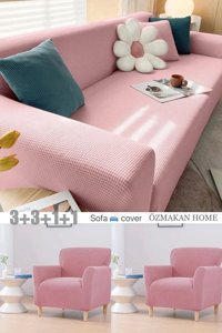 Özmakan Pamuklu - Polyester Likralı Jakarlı Süngersiz Petek Desenli Giydirmeli Pembe Dörtlü Koltuk Örtüsü 180x230 cm