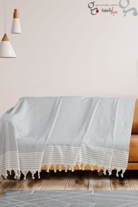 Fabric Box Pamuklu Saçaklı Süngersiz Geometrik Desenli Mavi Tekli Koltuk Örtüsü 170x220 cm
