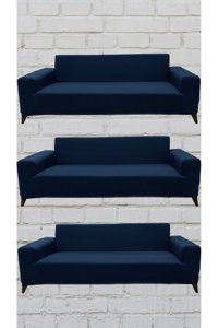 Şahane Ev Mikro Polyester Likralı Jakarlı Süngersiz Düz Giydirmeli Lastikli Mavi Üçlü Koltuk Örtüsü 55x13 cm