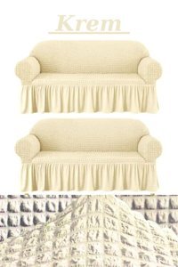 Furkanticaret Polyester Bürümcük Süngersiz Kapitone Giydirmeli Krem İkili Koltuk Örtüsü 180x230 cm