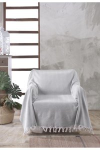 Ladynil Natural Pamuklu Saçaklı Süngersiz Çizgili Gri Tekli Koltuk Örtüsü 160x160 cm