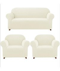 Heytgah Polyester Likralı Süngersiz Düz Giydirmeli Krem Üçlü Koltuk Örtüsü 180x230 cm