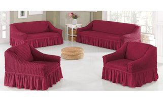 Nurlan Pamuklu - Polyester Bürümcük Fırfırlı Süngersiz Kareli Giydirmeli Pembe Dörtlü Koltuk Örtüsü 180x230 cm