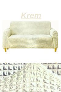 Uytm Polyester Bürümcük-Likralı Süngerli Çizgili Giydirmeli Bej Tekli Koltuk Örtüsü 180x230 cm