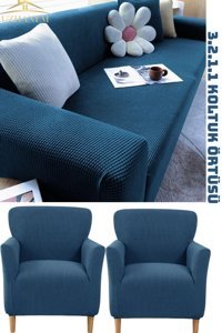 Uzhanem Polyester Bürümcük-Likralı Süngerli Petek Desenli Giydirmeli Mavi Dörtlü Koltuk Örtüsü 183x230 cm