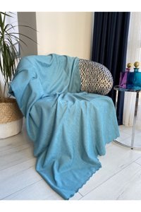 Koçhan Manifatura Pamuklu Jakarlı Süngerli Çizgili Turkuaz Tekli Koltuk Örtüsü 175x215 cm
