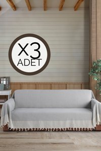 Lux Touch Pamuklu Püsküllü Süngersiz Geometrik Desenli Gri Üçlü Koltuk Örtüsü 180x300 cm