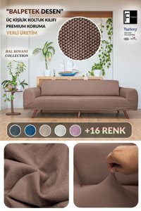 Faiend Polyester Süngersiz Düz Giydirmeli Bej Üçlü Koltuk Örtüsü 180x230 cm