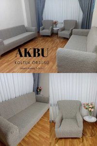 Akbu Polyester Süngersiz Çizgili Giydirmeli Lastikli Kahverengi Dörtlü Koltuk Örtüsü 180x230 cm