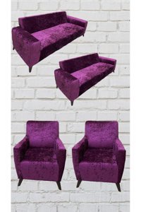 Şahane Ev Kadife Likralı Jakarlı Süngersiz Çizgili Giydirmeli Fuşya Üçlü Koltuk Örtüsü 155x220 cm