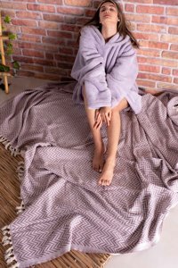 Akaystore Pamuklu Püsküllü Süngersiz Zikzaklı Mor Tekli Koltuk Örtüsü 200x230 cm