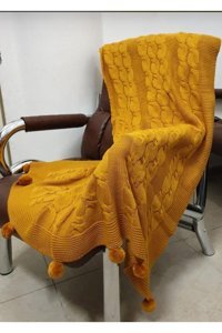 Baladi Home Triko Ponponlu Süngersiz Sarı Tekli Koltuk Örtüsü 170x130 cm