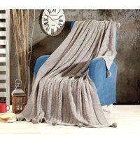 Zerif Home Akrilik Örgü Ponponlu Süngersiz Düz Bej Tekli Koltuk Örtüsü 130x180 cm