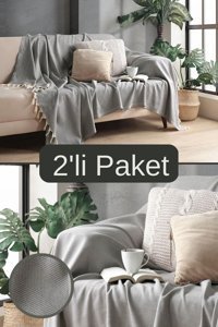 Miracolo Home Pamuklu Püsküllü Süngersiz Çizgili Gri İkili Koltuk Örtüsü 170x230 cm