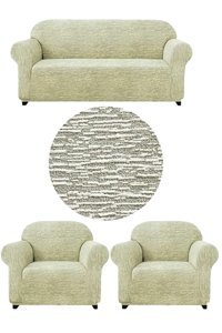 Uytm Likralı Jakarlı Süngerli Çizgili Giydirmeli Bej Üçlü Koltuk Örtüsü 180x230 cm