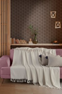 Ladynil Natural Pamuklu Saçaklı Süngersiz Çizgili Ekru Tekli Koltuk Örtüsü 180x220 cm