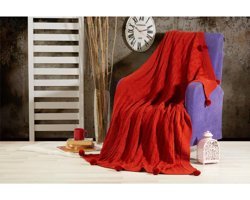 Taclove Yünlü Likralı Ponponlu Süngersiz Kırmızı Tekli Koltuk Örtüsü 130x170 cm