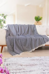Tabu Home Pamuklu Polar Saçaklı Süngersiz Geometrik Desenli Siyah Tekli Koltuk Örtüsü 170x200 cm