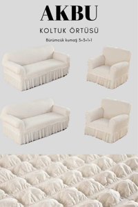 Akbu Pamuklu - Polyester Bürümcük Fırfırlı Süngersiz Giydirmeli Lastikli Krem Dörtlü Koltuk Örtüsü 183x230 cm