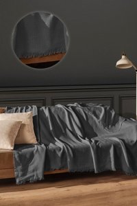 Ferinno Pamuklu Saçaklı Süngersiz Düz Bej Koltuk Örtüsü 170x200 cm