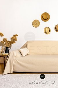 Ersperto Natural Keten Kanvas Jakarlı Süngersiz Armürlü Bej Üçlü Koltuk Örtüsü 180x400 cm