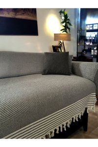 Mucize Evim Pamuklu Püsküllü Süngersiz Çizgili Antrasit Tekli Koltuk Örtüsü 175x200 cm