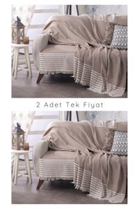 Lux Touch Olimpos Pamuklu Saçaklı Süngersiz Geometrik Desenli Bej Tekli Koltuk Örtüsü 180x200 cm