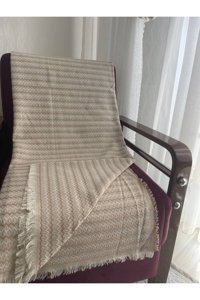 Yaren Çeyiz Pamuklu Polar Saçaklı Süngersiz Çizgili Bej Tekli Koltuk Örtüsü 170x200 cm