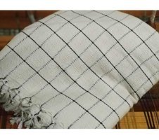 Efendyco Pamuklu Kanvas Saçaklı Süngersiz Ekoseli Bej Üçlü Koltuk Örtüsü 200x240 cm