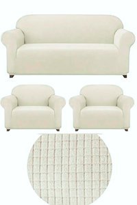 Uytm Pamuklu - Polyester Likralı Süngerli Çizgili Giydirmeli Bej Üçlü Koltuk Örtüsü 180x230 cm