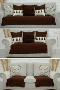 Aisha's Design KTK-8 Polyester Örgü Pileli Süngersiz Düz Kahverengi Dörtlü Koltuk Örtüsü 34x48 cm