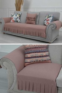 Aisha's Design KTK-6 Polyester Örgü Pileli Süngersiz Düz Pembe Üçlü Koltuk Örtüsü 34x48 cm