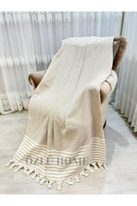 Özlü Home Pamuklu Örgü Saçaklı Süngersiz Çizgili Bej Tekli Koltuk Örtüsü 180x220 cm