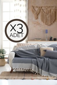Lux Touch Bergama Pamuklu Püsküllü Süngersiz Geometrik Desenli Lacivert Üçlü Koltuk Örtüsü 180x200 cm