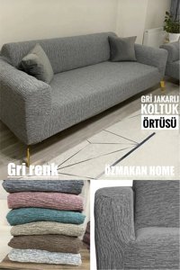 Özmakan Likralı Jakarlı Süngersiz Çizgili Giydirmeli Gri Tekli Koltuk Örtüsü 180x230 cm