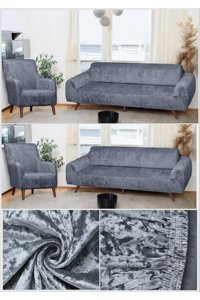 Btf Home Kadife Likralı Tüylü Süngersiz Düz Giydirmeli Lastikli Gri Dörtlü Koltuk Örtüsü 180x230 cm