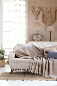 Lux Touch Pamuklu Saçaklı Süngersiz Geometrik Desenli Bej Tekli Koltuk Örtüsü 170x200 cm