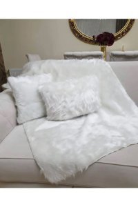 Paris Life Pamuklu Polar Peluş Süngersiz Düz Beyaz Üçlü Koltuk Örtüsü 150x150 cm