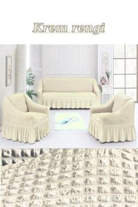 Kanway Polyester Bürümcük Fırfırlı Süngersiz Kapitone Giydirmeli Krem Üçlü Koltuk Örtüsü 180x230 cm