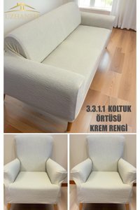 Uzhanem Pamuklu - Polyester Likralı Jakarlı Süngerli Çizgili Giydirmeli Bej Tekli Koltuk Örtüsü 180x230 cm