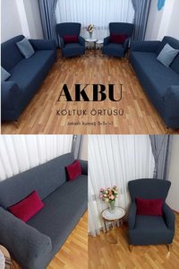 Akbu Polyester Süngersiz Çizgili Giydirmeli Lastikli Mavi Dörtlü Koltuk Örtüsü 180x230 cm