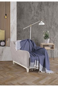 Lux Touch Bergama Pamuklu Püsküllü Süngersiz Geometrik Desenli Lacivert Tekli Koltuk Örtüsü 150x180 cm