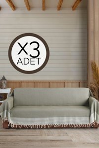Lux Touch Pamuklu Püsküllü Süngersiz Geometrik Desenli Haki Üçlü Koltuk Örtüsü 180x300 cm
