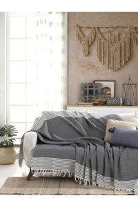 By Ballı Biocotton Pamuklu Kanvas Püsküllü Süngersiz Armürlü Siyah Üçlü Koltuk Örtüsü 170x210 cm