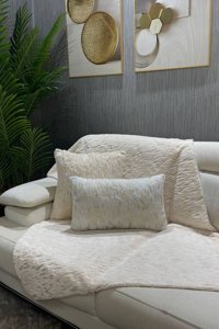 Paris Life Pamuklu Polar Peluş-Varaklı Süngersiz Mermer Desenli Bej Üçlü Koltuk Örtüsü 90x150 cm